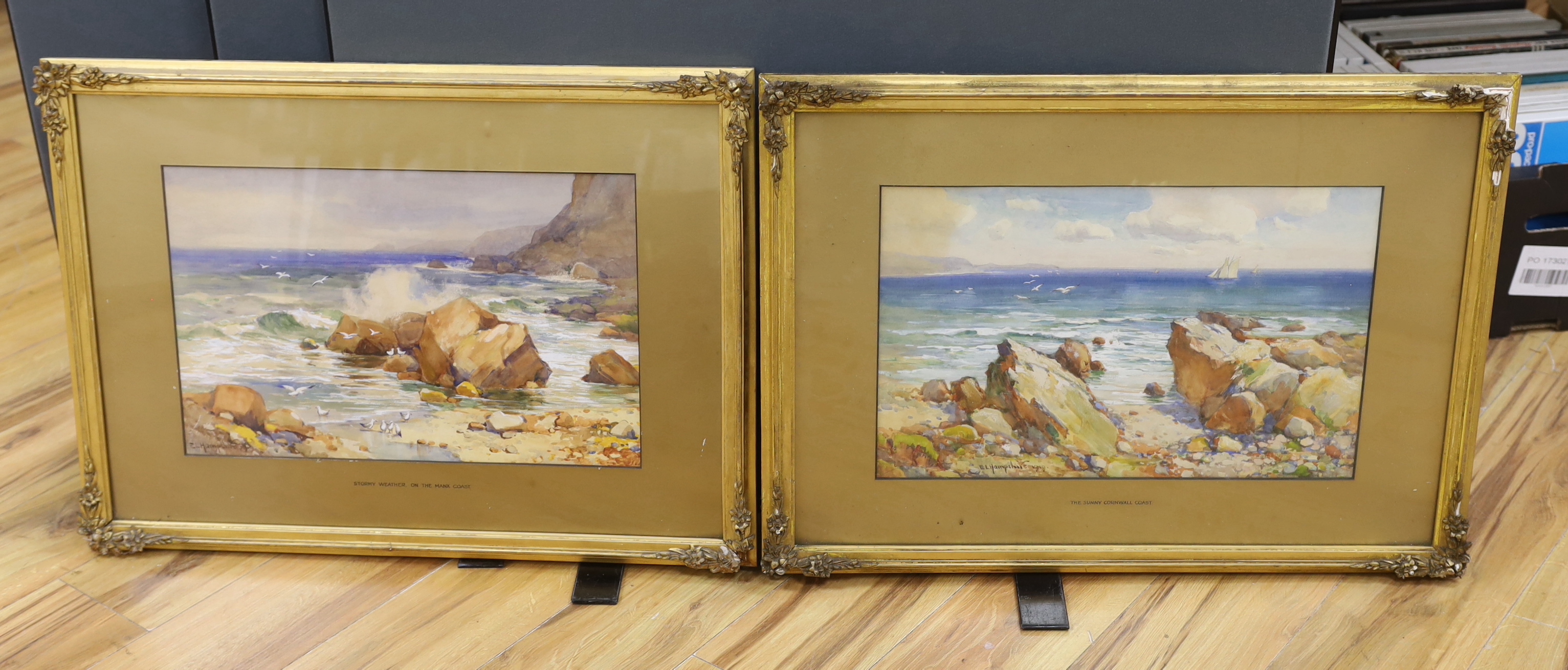 E.L. Hampshire (1919), pair of heightened watercolours, 'The Sunny Cornwall Coast' and 'Stormy Weather, on the Manx coast', 50 x 32cm